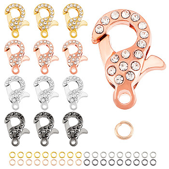 Elite 8Pcs 4 Colors Alloy Crystal Glass Rhinestone Lobster Claw Clasps with 40Pcs 4 Colors Iron Open Jump Rings, Cadmium Free & Lead Free, Mixed Color, Clasp: 21x12.5x7mm, Hole: 2.5mm 2pcs/color, Ring: 4x0.7mm, inner diameter: 2.6mm, 10pcs/color