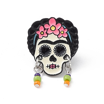 Flower Skull Enamel Pin with Glass Seed Beaded, Electrophoresis Black Alloy Brooch for Backpack Clothes, Colorful, 32.5x21.6x1.8mm, Pin: 1mm