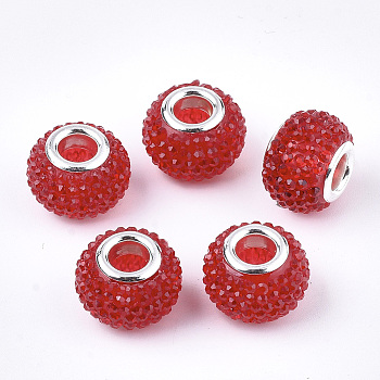 Resin Rhinestone European Beads, Large Hole Beads, with Platinum Tone Brass Double Cores, Rondelle, Berry Beads, Red, 14x10mm, Hole: 5mm