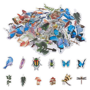 Waterproof PVC Adhesive Stickers Set, for DIY Photo Album Diary Scrapbook Decorative, Leaf & Butterfly & Insect & Bird & Dragonfly & Mushroom Pattern, Mixed Color, 27~67x20~63x0.1~0.2mm