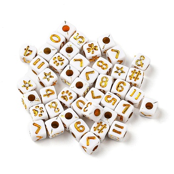 Opaque Acrylic Beads, Gold Figures, Cube, White, 5x5x5mm, Hole: 2mm, 5000pcs/500g