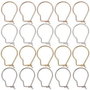 100Pcs 4 Colors 304 Stainless Steel Hoop Earrings Findings, Kidney Ear Wires, Mixed Color, 18x13x0.8mm, 25Pcs/color