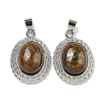 Natural Bronzite Oval Pendants, Rack Plating Brass Gems Charms, Platinum, 27.5x19.5x8mm, Hole: 5x4mm