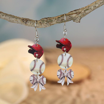 Acrylic Dangle Earrings, Platinum, Bowknot, Sports Theme, Baseball, 70x15mm