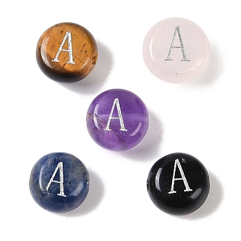 Natural Mixed Gemstone Beads, Flat Round with Letter, Letter A, 8.5~9x5~5.5mm, Hole: 1.2mm