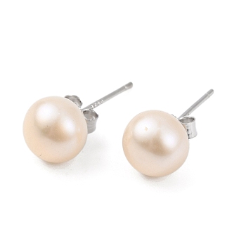 Natural Pearl Round Bead Stud Earrings, with Real Platinum Plated 925 Sterling Silver Findings, Blanched Almond, 16.5x7~8mm