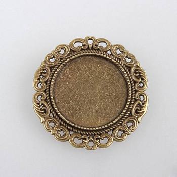 Vintage Alloy Brooch Cabochon Bezel Settings, with Iron Pin Brooch Back Bar Findings, Flat Round, Cadmium Free & Nickel Free & Lead Free, Antique Bronze, Tray: 25mm, 39x2mm, Pin: 0.6mm