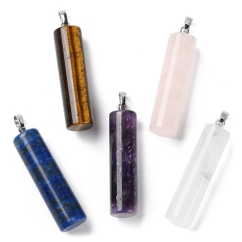 Natural Mixed Gemstone Pendants, Column Charms with Platinum Plated Brass Snap on Bails, Mixed Dyed and Undyed, 40.8~42x10~10.5mm, Hole: 7.2x4.2mm