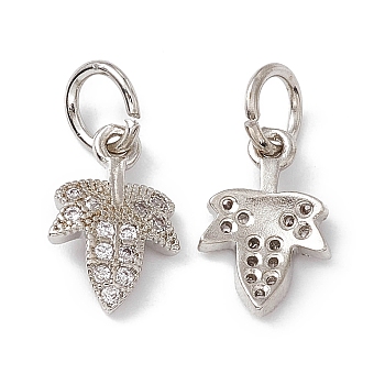 Rack Plating Brass Cubic Zirconia Charms, Grape Leaf Charm, with Jump Ring, Long-Lasting Plated, Lead Free & Cadmium Free, Real Platinum Plated, 13x8.5x2.2mm, Hole: 3.4mm