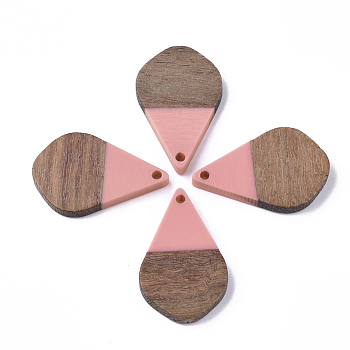 Resin & Walnut Wood Pendants, Teardrop, Pink, 28x18x3mm, Hole: 2mm