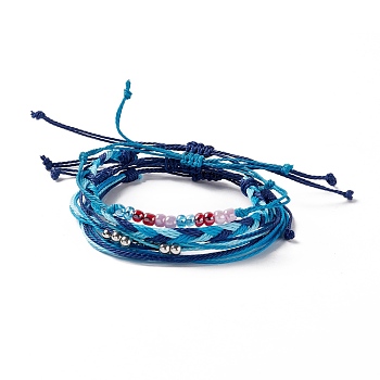 4Pcs 4 Style Alloy & Glass Braided Bead Bracelets Set, Waxed Polyester Cord Adjustable Bracelets for Women, Steel Blue, Inner Diameter: 2~3-3/4 inch(5~9.6cm), 1Pc/style