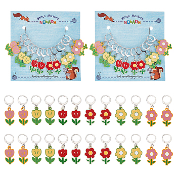 Alloy Enamel Flower Pendant Locking Stitch Markers, 304 Stainless Steel Clasp Stitch Marker, Mixed Color, 3.8~3.9cm, 6 style, 2pcs/style, 12pcs/set