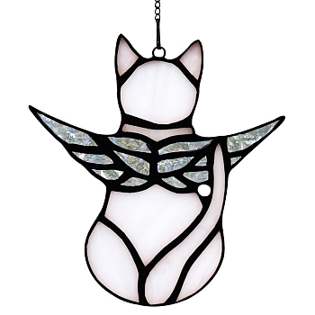 Angel Cat Stained Acrylic Window Planel, for Suncatchers Window Home Hanging Ornaments, White, 120x130mm