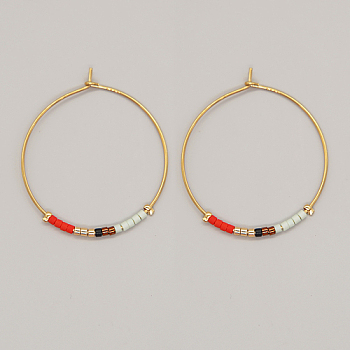 Glass Seed Beaded Hoop Earrings, Boho Beach Earrings, Orange Red, 30x30mm