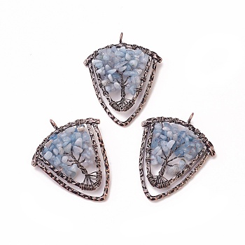 Natural Aquamarine Chip Big Pendants, with Brass Findings, Shield, Red Copper, 57~59x47.5x8mm, Hole: 5mm