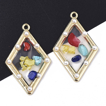 Epoxy Resin Pendants, with ABS Plastic Imitation Pearl, Gemstone Chip, Glass and Light Gold Plated Alloy Open Back Bezel, Rhombus, Clear, 39.5x24.5x4mm, Hole: 1.8mm