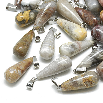 Natural Crazy Agate Pendants, with Stainless Steel Snap On Bails, teardrop, 28~30x10~12mm, Hole: 6x4mm