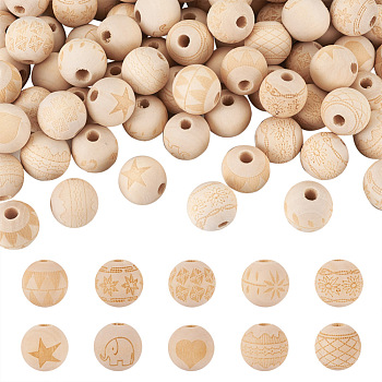100Pcs 10 Style Unfinished Natural Wood European Beads, Large Hole Beads, for DIY Painting Craft, Laser Engraved Pattern, Round with Flower Pattern, BurlyWood, 16x14.5mm, Hole: 4mm, 10pcs/style