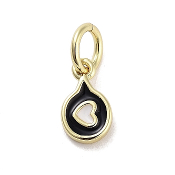 Rack Plating Brass Enamel Charms, with Jump Ring, Long-Lasting Plated, Cadmium Free & Lead Free, Flat Round with Heart, Real 18K Gold Plated, Black, 8.5x5x1.5mm, Hole: 3mm