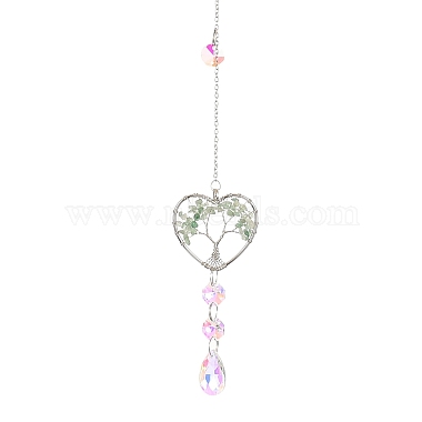 Coeur d'aventurine verte naturelle enveloppé de fil avec décorations pendentif arbre de vie(HJEW-K046-02P-07)-2