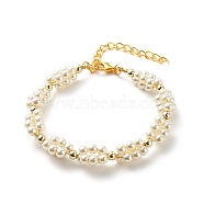 Glass Pearl Braided Beaded Bracelet, Brass Wire Wrap Jewelry for Women, Creamy White, 7-1/8 inch(18.2cm)(BJEW-JB08593)