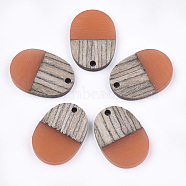 Resin & Wenge Wood Pendants, Oval, Coral, 25x18x3~4mm, Hole: 2mm(RESI-T023-01K-1)