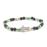 Natural & Synthetic Mixed Gemstone Beaded Stretch Bracelet with Clear Cubic Zirconia Cross for Women, Lawn Green, Inner Diameter: 2-1/4 inch(5.6cm)(BJEW-JB08247-02)