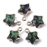 Natural Ruby in Zoisite Pendants, with Light Gold Plated Edge and Brass Loop, Star, Faceted, 16~17x13x6.5mm, Hole: 1.6mm(X-G-N326-36G)