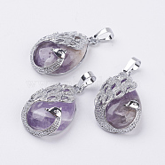 Natural Amethyst Pendants, with Brass Finding, Teardrop with Peacock, Platinum, 33x20x10.5mm, Hole: 5x6.5mm(G-E442-04C)