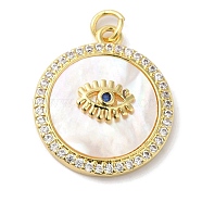Rack Plating Brass Micro Pave Cubic Zirconia Pendants, with Shell, Long-Lasting Plated, Lead Free & Cadmium Free, Flat Round with Eye, Real 18K Gold Plated, 22.5x19.5x4mm, Hole: 3.5mm(KK-F854-11G)