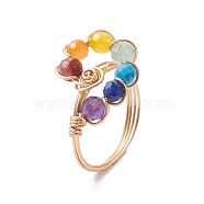 Natural & Synthetic Mixed Gemstone Teardrop Finger Ring, Brass Wire Wrap Finger Ring, Light Gold, Inner Diameter: 19mm(RJEW-JR00652)