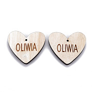 Wood Big Pendants, Laser Engraved, Heart with Oliwia, PapayaWhip, 49.5x54.5x5.5mm, Hole: 2.5mm(WOOD-S055-45A)