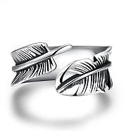 Fashionable Unisex 316L Surgical Stainless Steel Feather Cuff Rings, Open Rings, Antique Silver, Size 8, 18.1mm(RJEW-BB09945-8)