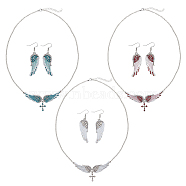 Rhinestone Wings with Cross Pendant Necklaces & Dangle Earrings, Platinum Alloy Jewelry for Women, Mixed Color, 22.64 inch(57.5cm), 42x15mm(SJEW-AN0001-20)
