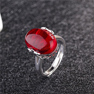 Oval Synthetic Ruby Adjustable Ring, Platinum Brass Jewelry for Women, Inner Diameter: 16mm(FIND-PW0021-04B)