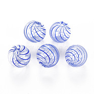Transparent Handmade Blown Glass Globe Beads, Stripe Pattern, Round, Blue, 13~14.5mm, Hole: 1~2mm(GLAA-T012-35C-07)