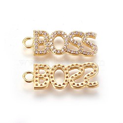 Brass Micro Pave Cubic Zirconia Pendants, Word Boss, Clear, Golden, 29x10x2mm, Hole: 3mm(ZIRC-L075-19A-G)