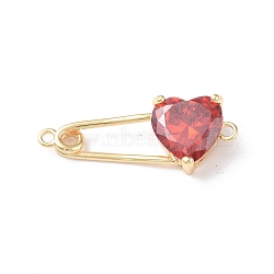 Brass Connector Charms, Heart Safety Pin Links, with Glass, Real 18K Gold Plated, Dark Red, 11x28x5mm, Hole: 1mm(KK-I702-23A)