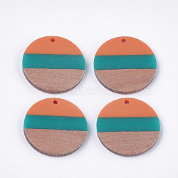 Tri-color Resin & Walnut Wood Pendants, Flat Round, Orange, 28x3.5mm, Hole: 2mm(RESI-S358-78E)