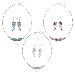 Rhinestone Wings with Cross Pendant Necklaces & Dangle Earrings, Platinum Alloy Jewelry for Women, Mixed Color, 22.64 inch(57.5cm), 42x15mm(SJEW-AN0001-20)