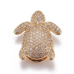 Brass Micro Pave Cubic Zirconia Slide Charms, Sea Turtle, Clear, Golden, 21x18.5x6.5mm, Hole: 2x10mm(ZIRC-F099-29G)