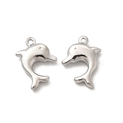 201 Stainless Steel Pendants, Dolphin Charm, Stainless Steel Color, 15x13x3.5mm, Hole: 1.5mm(STAS-J401-VF638-1)