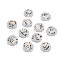 Handmade Polymer Clay Cabochons, Flat Round with Pig, Silver, 9~9.5x1.5~2mm, about 5800pcs/1000g(CLAY-N006-95)