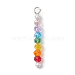 Glass & Round Shell Pearl Beaded Pendants, with 304 Stainless Steel Loops, Mixed Color, 34x4.5mm, Hole: 2.5mm(PALLOY-JF02557)