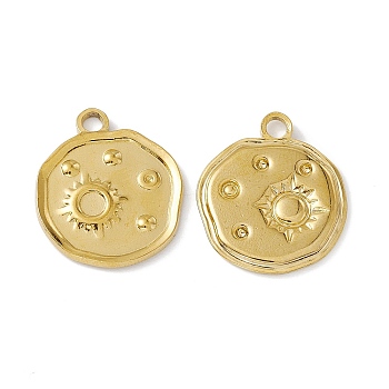 Vacuum Plating 304 Stainless Steel Pendant Rhinestone Settings, Flat Round with Sun Pattern, Golden, Fit for 0.6mm & 3.2mm Rhinestone, 21x18x2mm, Hole: 2mm