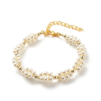 Glass Pearl Braided Beaded Bracelet, Brass Wire Wrap Jewelry for Women, Creamy White, 7-1/8 inch(18.2cm)