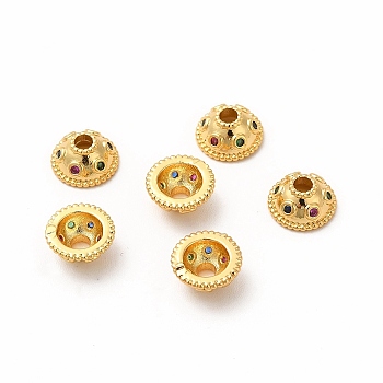 Brass Bead Caps, with Rhinestones, Apetalous, Real 18K Gold Plated, 8x4mm, Hole: 2mm