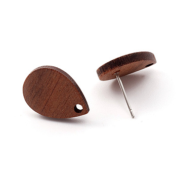 Coconut Brown Wood Stud Earring Findings, with Alloy Earring Pin, Teardrop, Platinum, 16.5x11.5x2.5mm, Hole: 1.5mm, Pin: 0.6mm