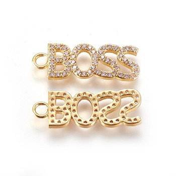 Brass Micro Pave Cubic Zirconia Pendants, Word Boss, Clear, Golden, 29x10x2mm, Hole: 3mm