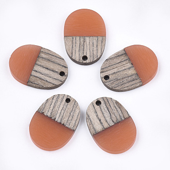 Resin & Wenge Wood Pendants, Oval, Coral, 25x18x3~4mm, Hole: 2mm